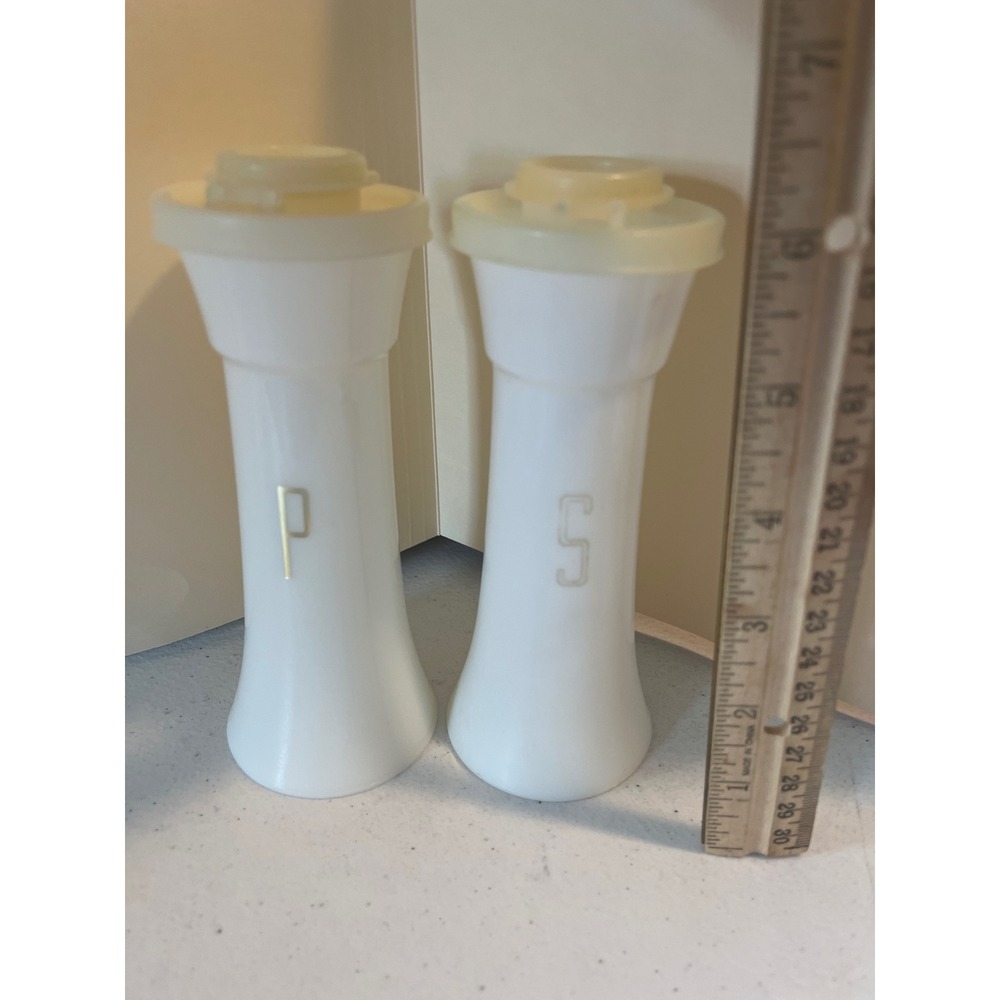 Vintage Tupperware Hourglass Salt and Pepper Shakers White Gold S P 6 Inch Set